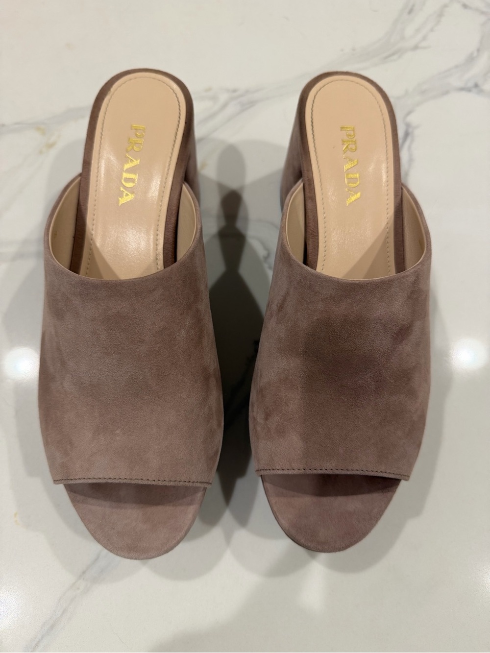 Prada Suede Open-Toe Mules in Taupe Brown Size 38